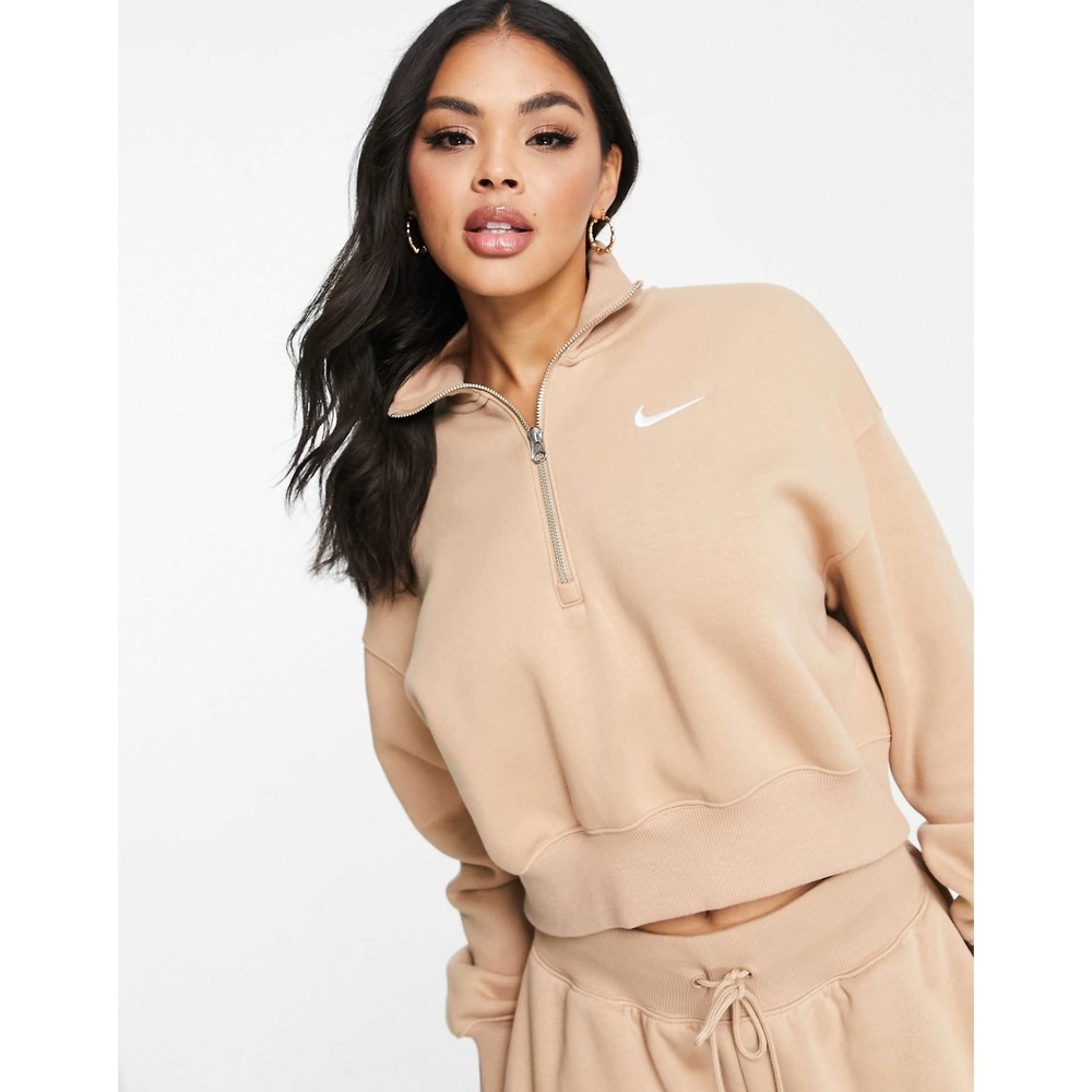 Nike Phoenix Fleece Womens Tan Beige Quarter Zip Cropped Sweatshirt Size XL